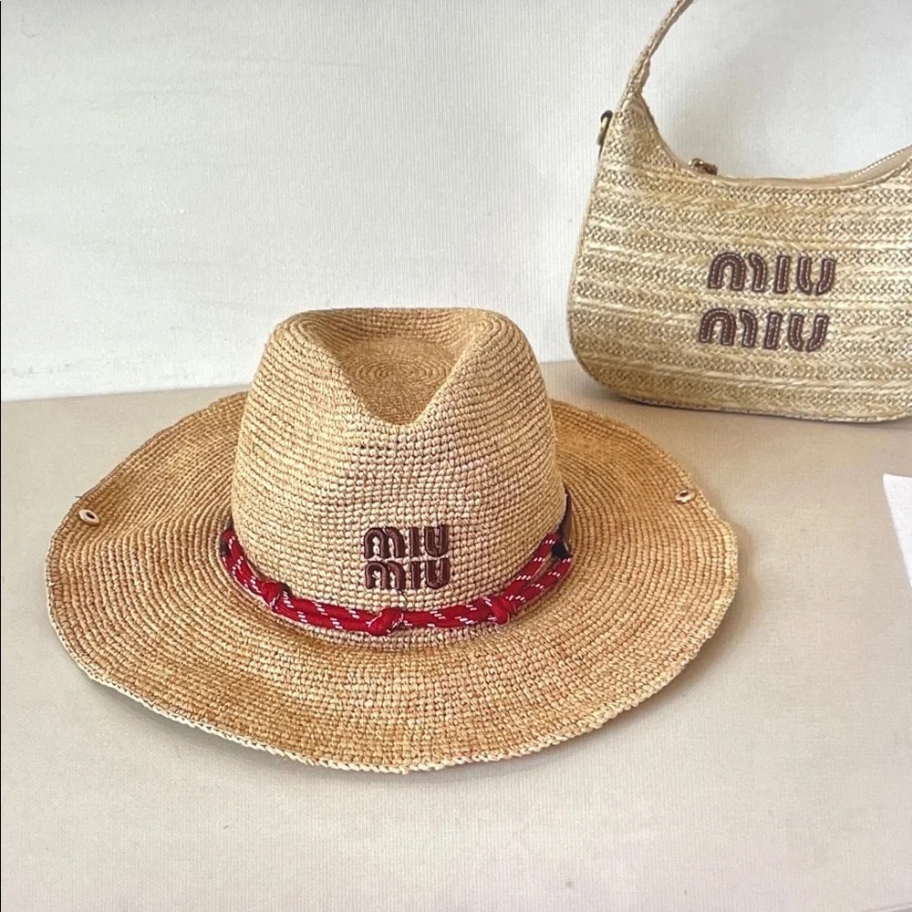 Miu Miu Natural Straw Hat with Red Braided Trim